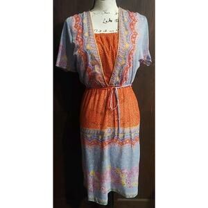 J.J. Dean California Dress Sz Small Red 70s Belted Colorful boho petal sleeve